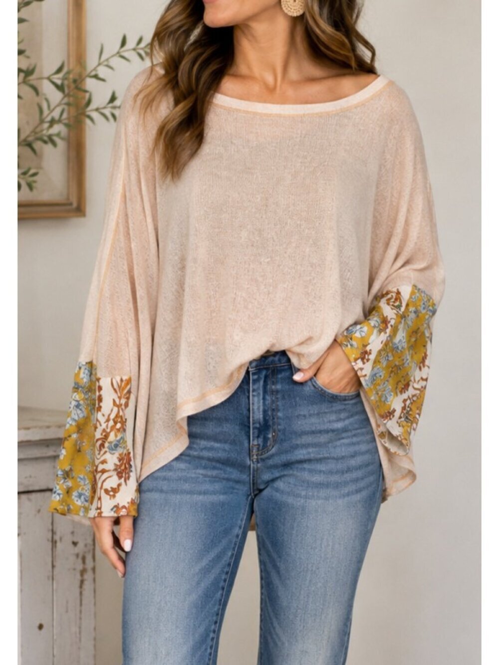 Kori Boutique patchwork bell-sleeve long sleeve top, size Large